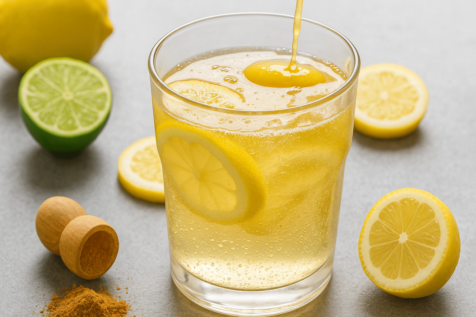 Glass of fizzy lemon drink labeled "Natural Mounjaro Recipe" with lemon slices and cinnamon on a gray background