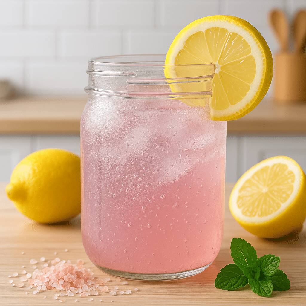 A mason jar filled with pink saltwater topped with a lemon slice, placed on a light wooden kitchen counter with scattered Himalayan salt, lemons, and mint in the background.
