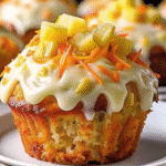 Hawaiian pineapple carrot muffin topped with cream cheese frosting and fresh pineapple chunks