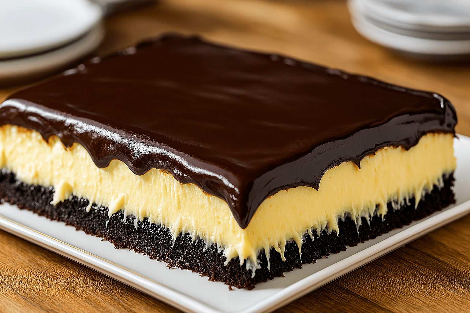 Boston Cream Poke Cake sliced with visible creamy custard