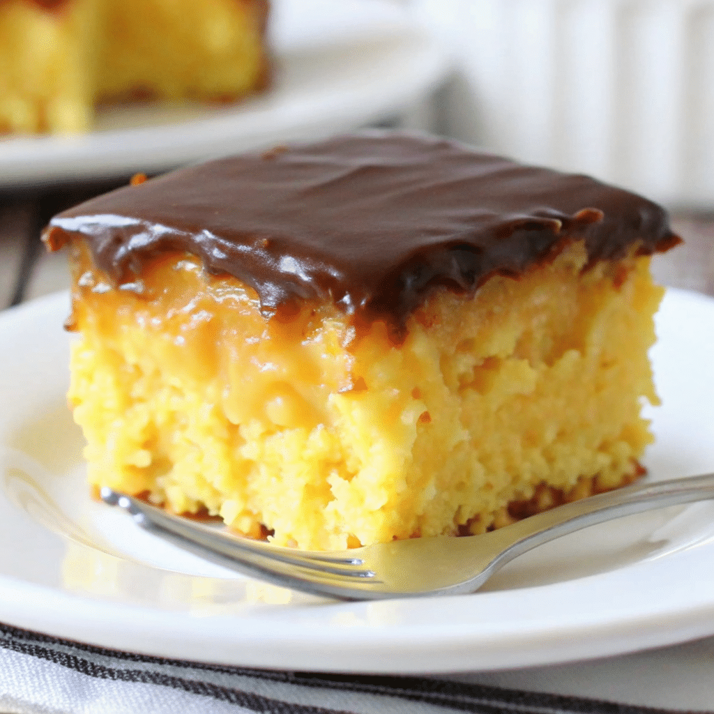 Fork slicing into Boston Cream Poke Cake