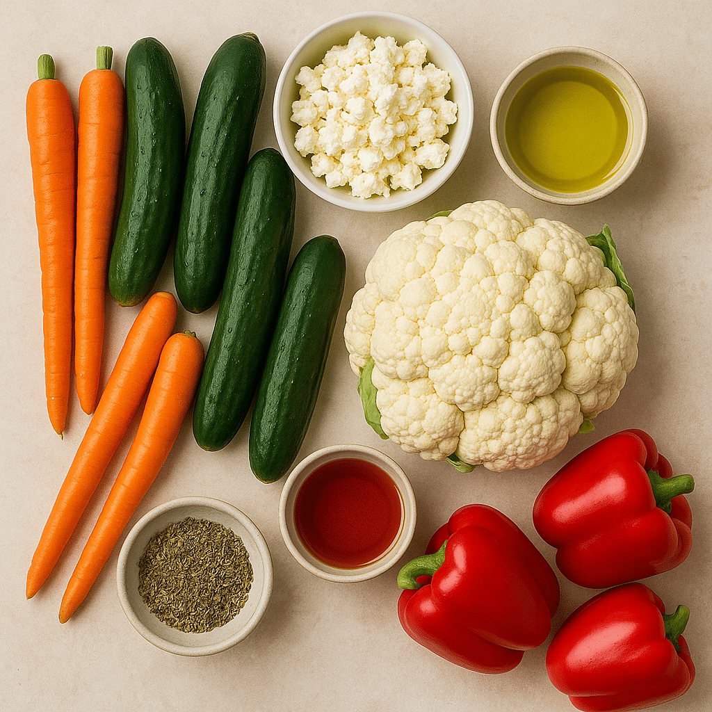 Fresh ingredients for Mediterranean pickled veggies with feta
