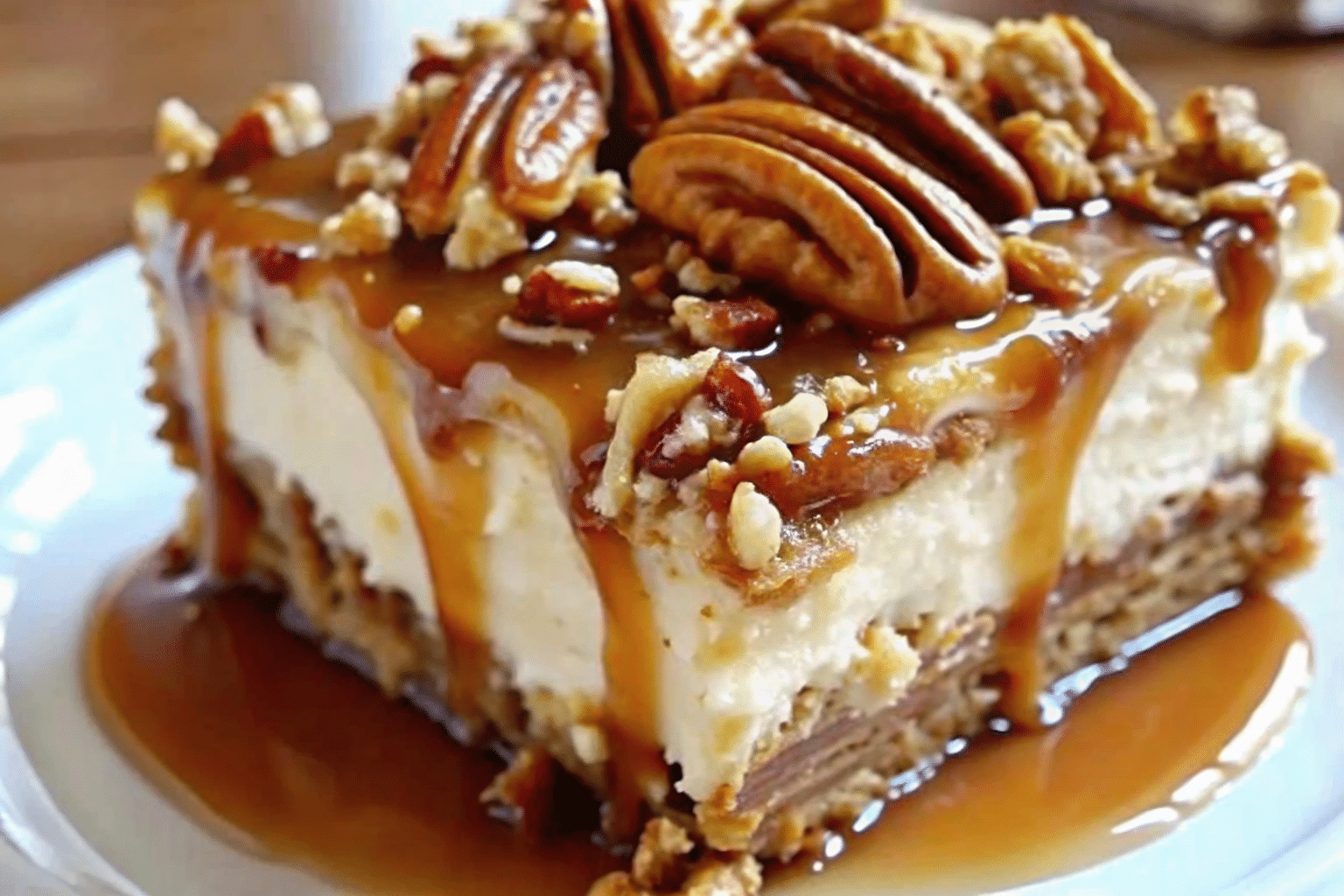 no-bake caramel pecan cream pie with rich cream layers and pecans