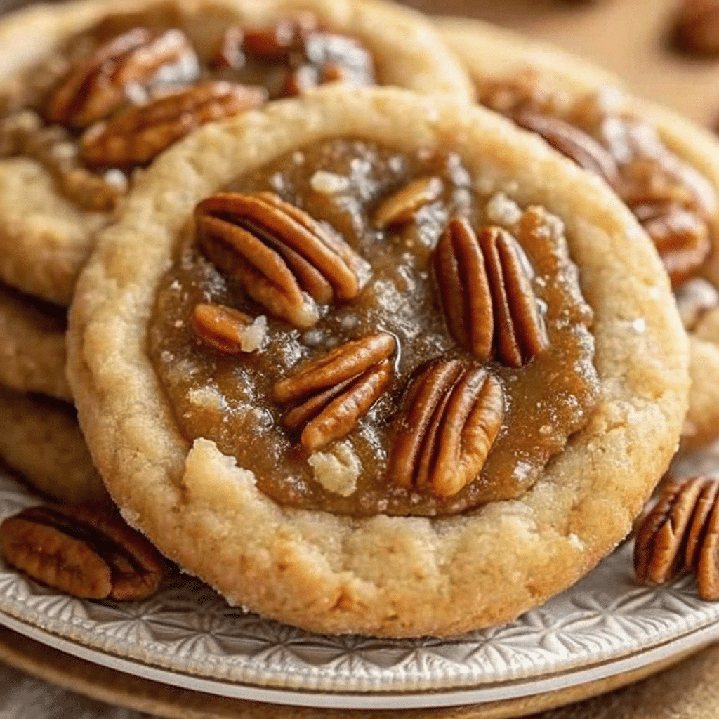 Finished pecan pie cookies stacked on a patterned plate